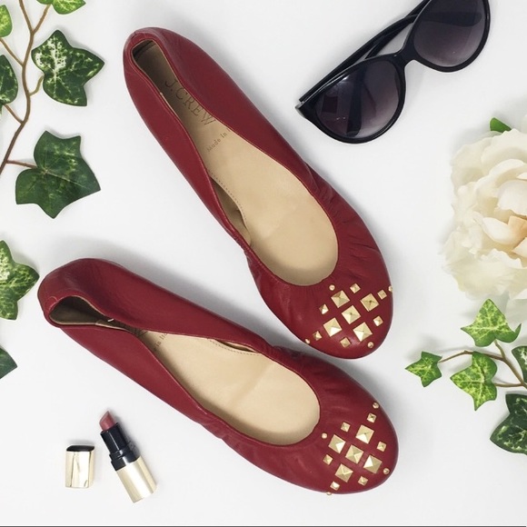 J. Crew Shoes - J. CREW Cece red leather ballet flats gold studs